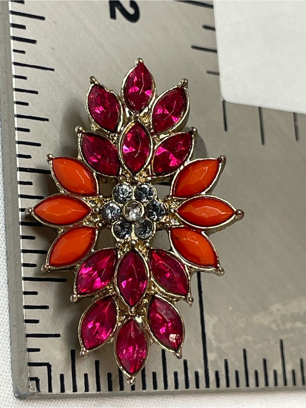 VTG 70s Pink Fuchsia Rhinestone Orange Starburst Statement Brooch@